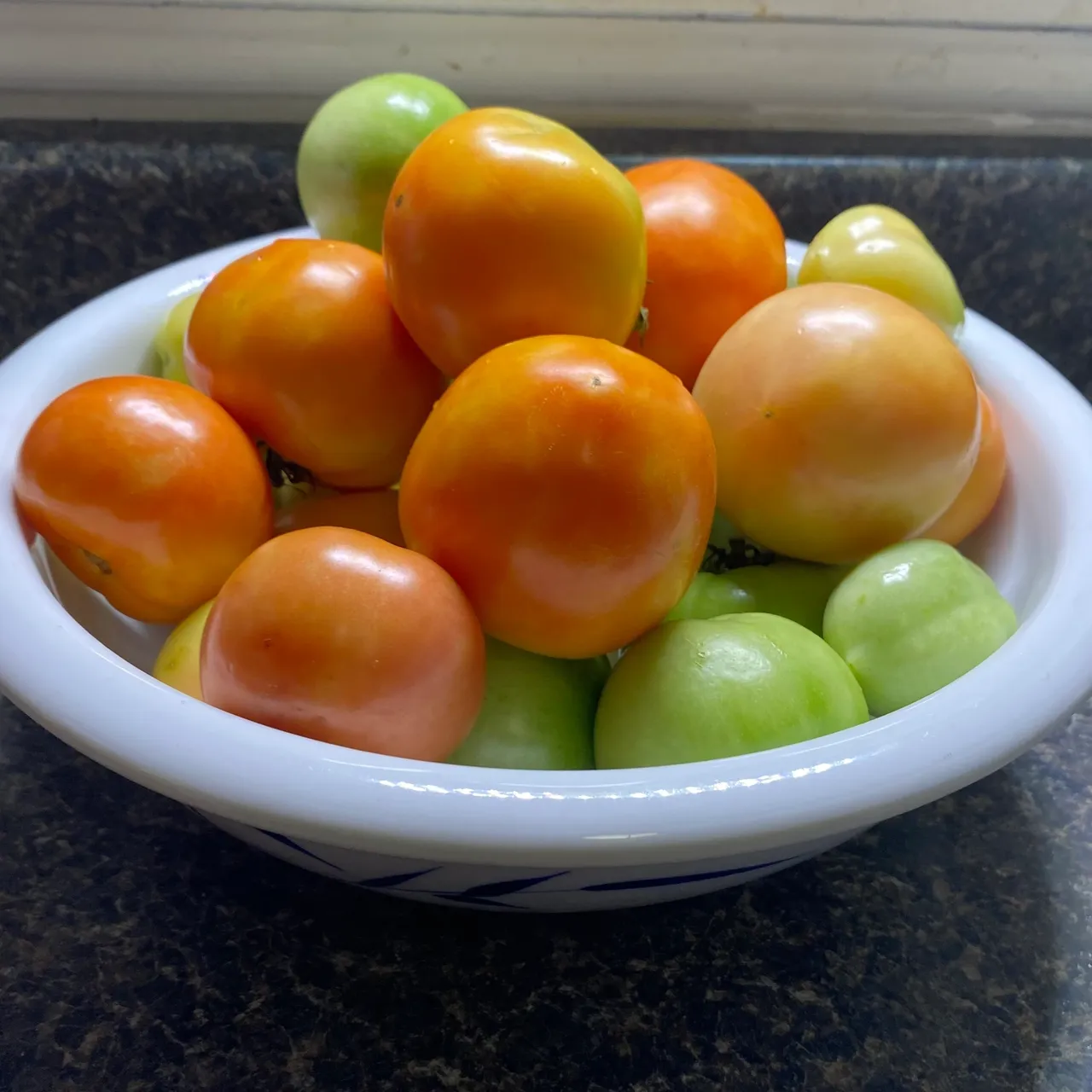 A bowl of tomatoes on the counter